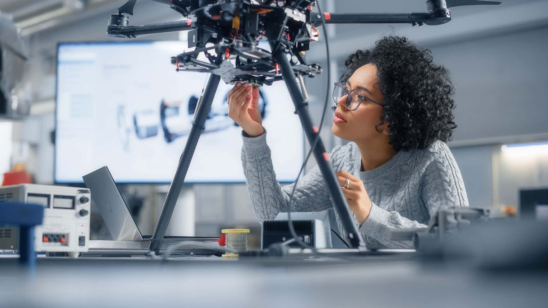 An engineer working on a scale prototype of an eVTOL