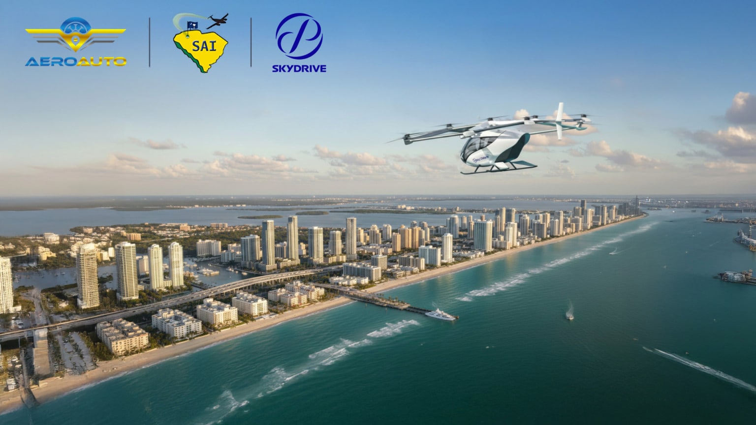 Image of "SKYDRIVE" flying over Miami Beach, Florida